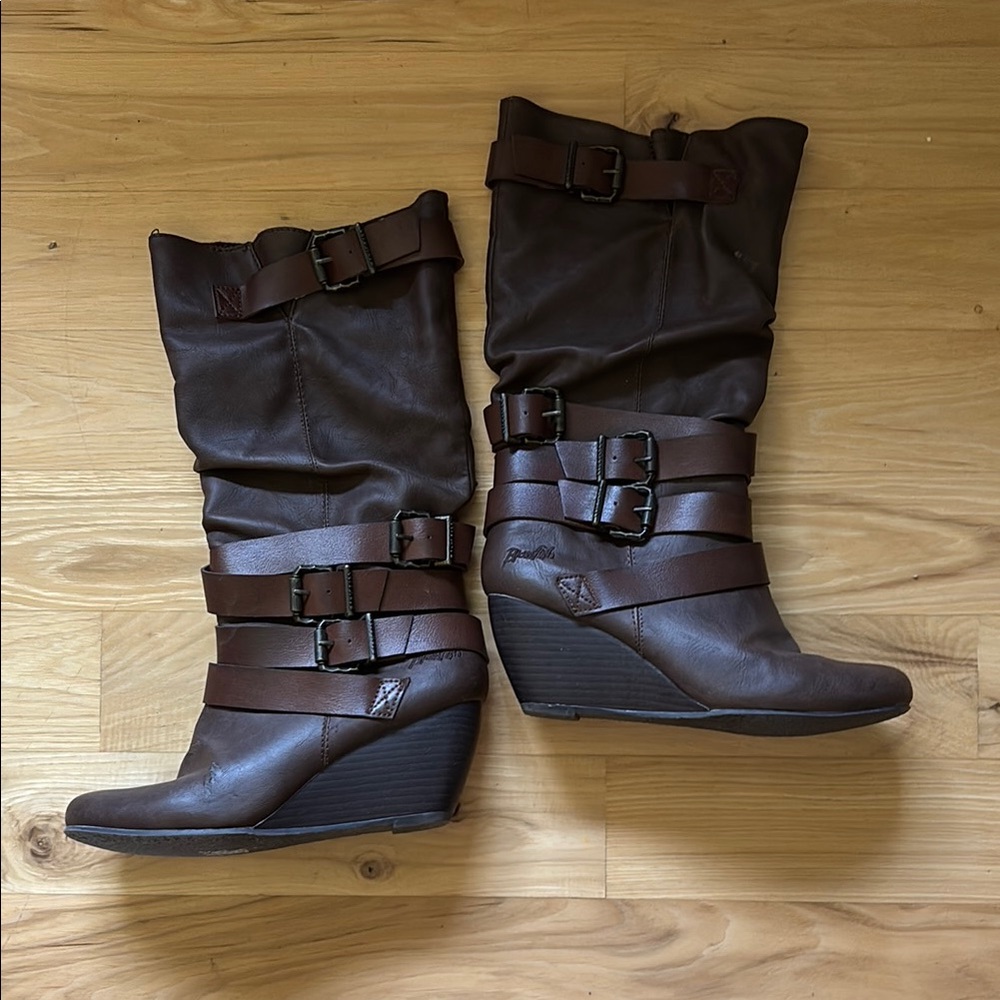 Chic Brown Wedge Boots with Strap Accents